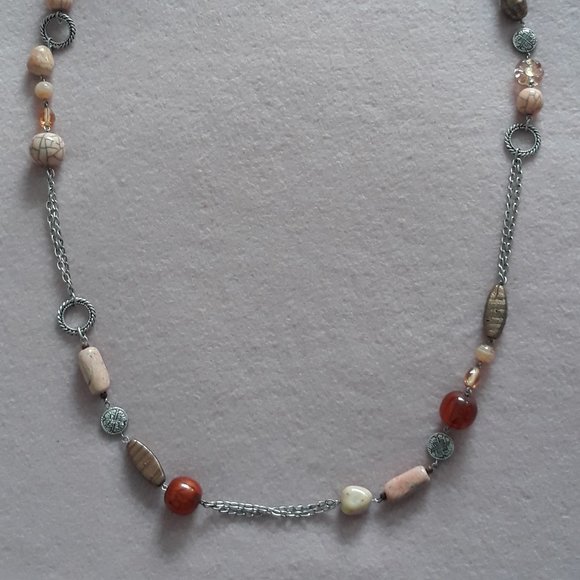 Chico's Necklace, Signed.  Silver Tone Chain with Orange/Tan Beads NWT - Picture 2 of 9